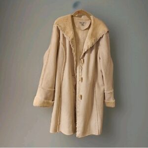 ColdWater Creek Faux Suede Fur Penny Lane Winter Coat Toggles Hooded Ivory Sz XL
